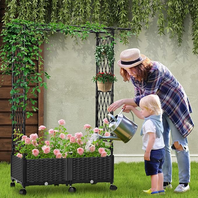 Planter with Trellis Raised Garden Beds 4.5ft Tall with Screen Indoor Outdoor Vegetable Flower Privacy Planter Box for Backyard Balcony Patio Black