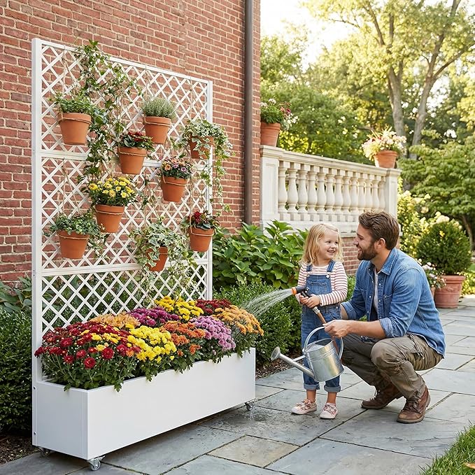 Casaphoria Metal Raised Garden Bed with Trellis and Wheels 72x47x16 Arched Planter Box for Climbing Plants Vegetables &amp Vines Features Drainage Holes and Privacy Screen White-Rhombus