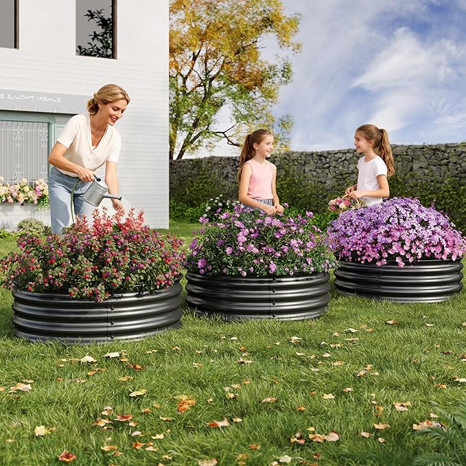 PeakPursuit Round Raised Garden Bed 2 Pcs 2x2x1ft Round Galvanized Steel Raised Garden Bed Kit Rust-Resistant Easy Assembly Safe Edging for Vegetables Fruits Flowers Black