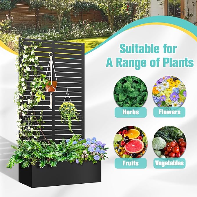 71x35x16 Metal Planter Box with Trellis Raised Garden Bed Trellis with Planter Box &amp Privacy Screen Outdoor Raised Garden Bed for Climbing Plants Vegetable Vines (Black Louvered)