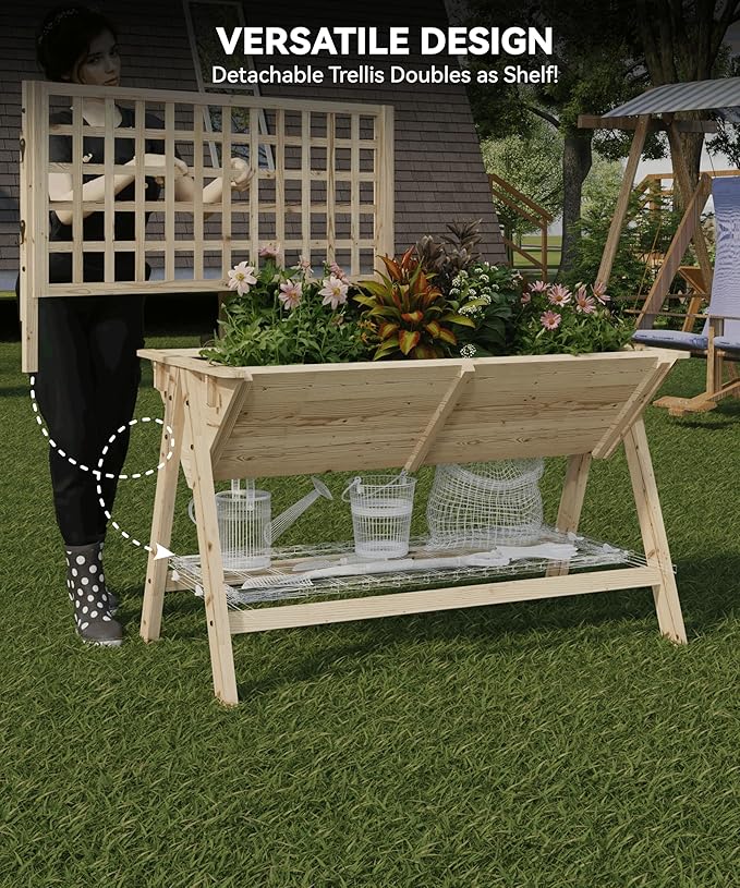 52x30x54in Raised Garden Bed with LegsWooden Elevated Raised Garden Beds Outdoor for Growing Vegetables and Herbswith Trellis for Vine Climbing Plants|Multi-FunctionalNatural