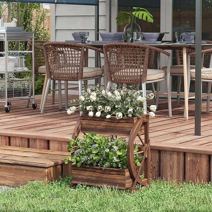 Outsunny 2-Tier Raised Garden Bed Wooden Wagon Planter Boxes with Drainage Holes for Vegetables Flowers Herbs 22 x 13 x 22