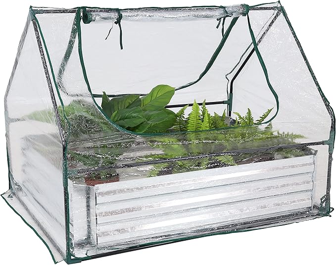 Sunnydaze Steel Raised Garden Bed with Mini Greenhouse - Outdoor Greenhouse Kit - 2 Zippered Doors - Clear - 4' x 3'