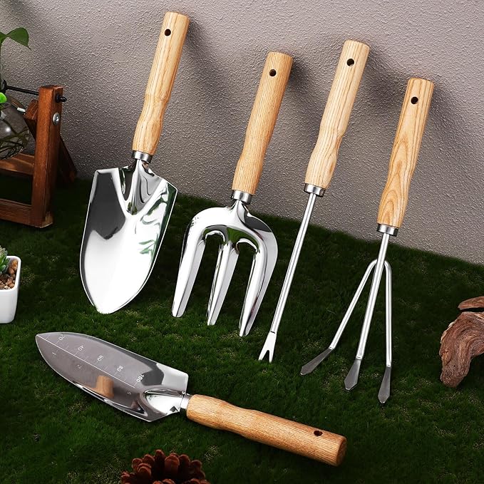 Stainless Steel Garden Tools Set with Ash Handles Gardening Hand Tools for Digging and Planting Rust-Resistant Shovels with Comfortable Grip Gift for Men and Women Gardeners