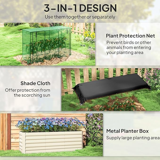 Heavy-Duty Galvanized Steel Planter Box Featuring Gardening Crop Cage and Fade-Resistant Shade Fabric Beige Color Weather-Beaten Design
