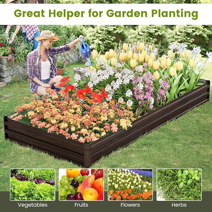 Giantex 8x4x1ft Metal Raised Garden Bed Planter Box with Protective Edges Gloves Outdoor Raised Bed for Vegetables Flowers Fruit Herb Plant Garden Container for Lawn Backyard Patio