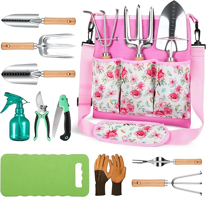 All-in-One Garden Tool Set 11-Piece Heavy Duty Gardening Tools with Ergonomic Canvas Shoulder Crossbody Bag Rust-Proof Premium Garden Tool Kit Gardening Gift for Women Men (Pink)
