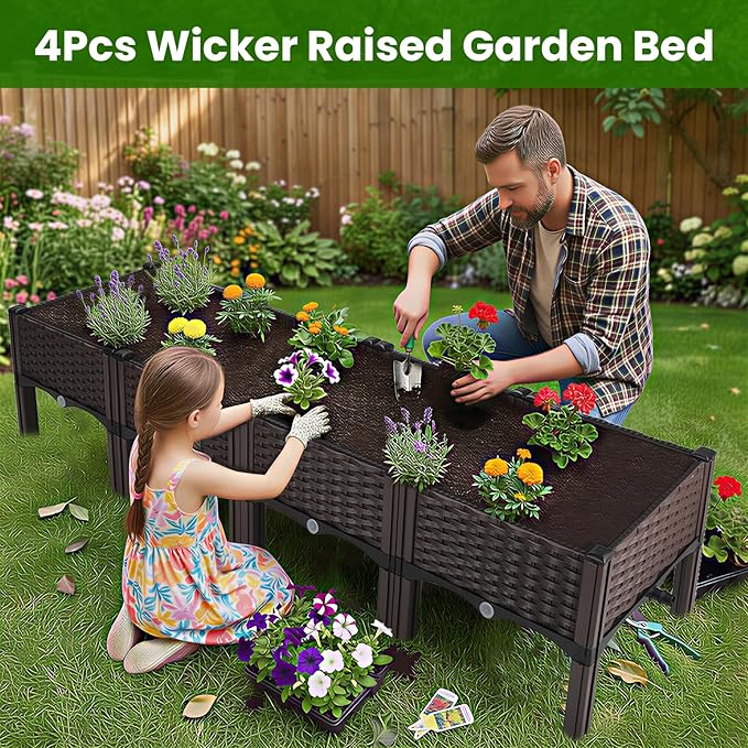 4Pcs Plastic Raised Garden Bed62.4×15.6×14.4 Elevated Wicker Planter Box with Self-Watering System Plants Garden Boxes with Legs for Growing Fresh VegetablesFruitFlowers and Herbs