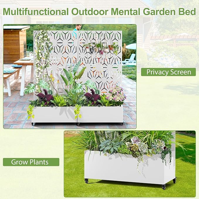 Raised Garden Bed with Trellis and Wheels73x35x16 Metal Raised Garden BedWhite Star Metal Planter with Climbing Trellis for Vines &amp Vegetables