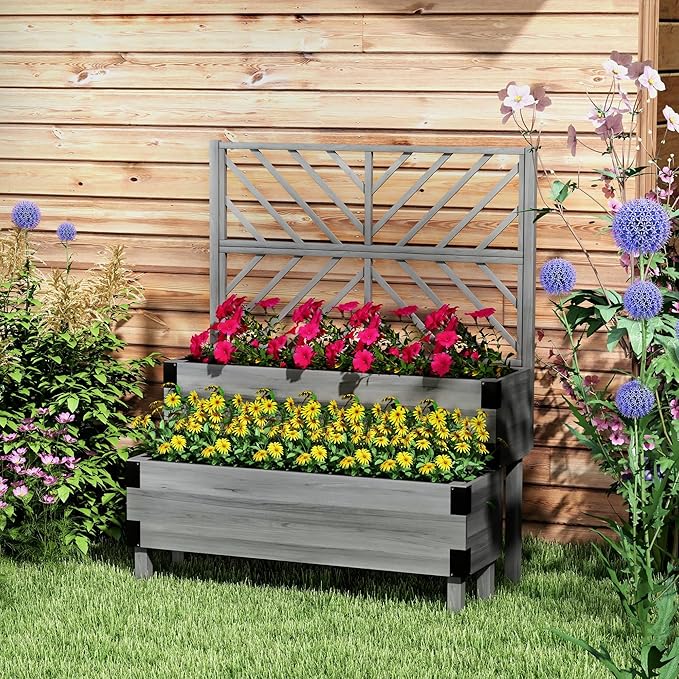 Outsunny Raised Garden Bed with Trellis 2 Tier Wooden Elevated Planter Box with Legs and Metal Corners for Vegetables Flowers Herbs Gray