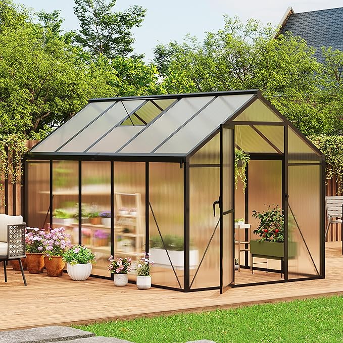 6X6 FT Greenhouse for Outdoors Large Walk-in Polycarbonate Greenhouse Kit Aluminum Frame Lockable Door Roof Vent Ground Spikes for Garden Patio Backyard Outdoor Plant Growth