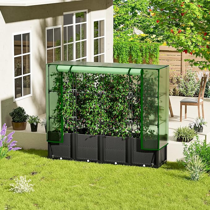 Onelike 64'' x 16'' x 55.5'' Plastic Raised Garden Bed with Greenhouse Cover and Trellis Vertical Tomato Planters for Climbing Plants Self Watering System Tomatoes Cage for PatioBlackLarge