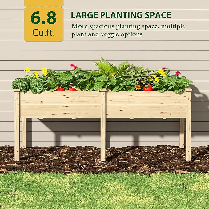 72x23x30in Raised Garden Bed with Legs Outdoor Elevated Wood Planted Box with Divider Panel &amp Drainage Hole for Vegetable Flower Backyard and Patio Natural