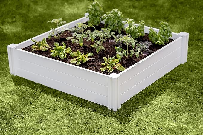 Vita Classic 4 Foot x 4 Foot x 11 inch White Vinyl Raised Modular Garden Bed White PVC BPA and Pthalate Free VT17108