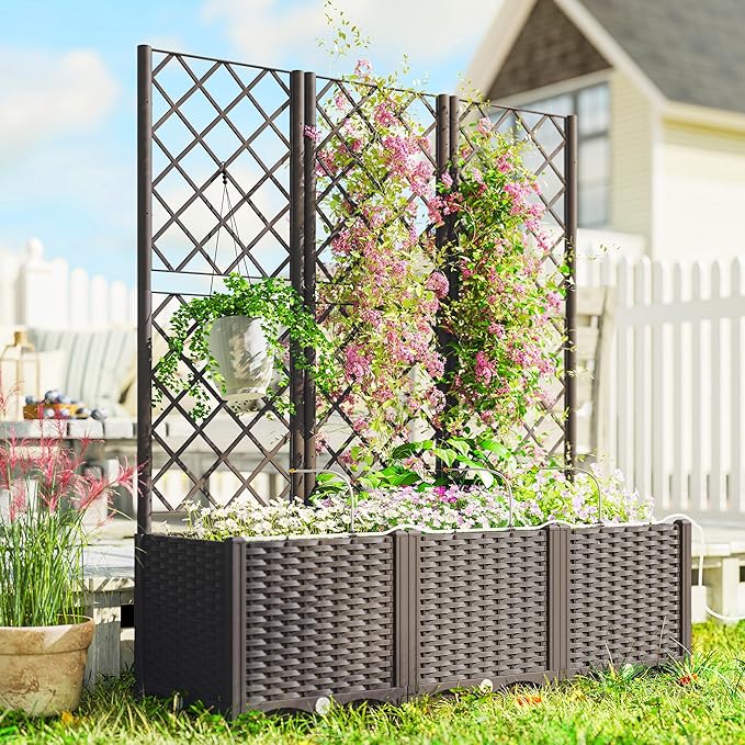 Outsunny 3PCS Plastic Planter Box with Trellis Self-Watering Raised Garden Bed with Trellis and Automatic Watering Timer Kit Outdoor Raised Planter with Drainage Holes Plugs and Water Reservoir