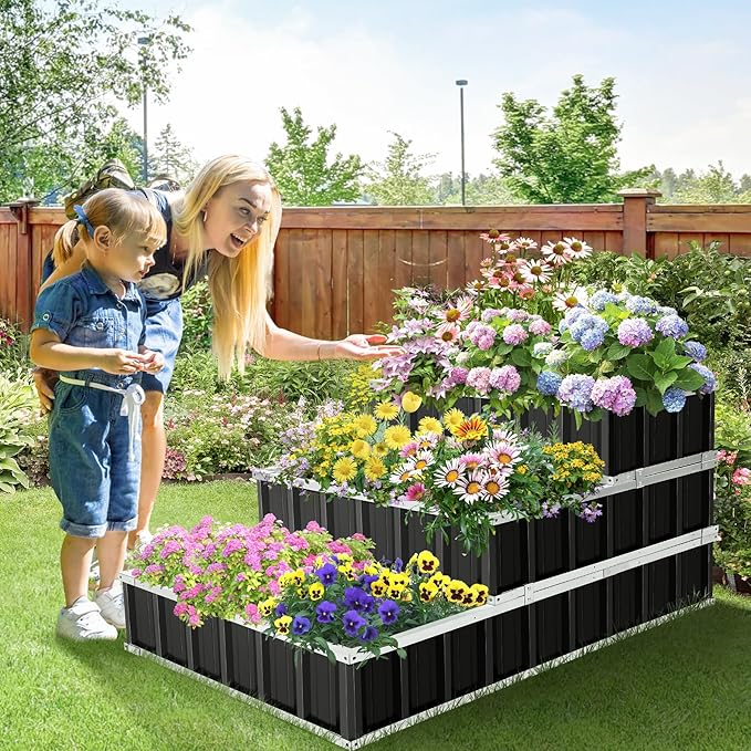 Homdox 3 Tiers Raised Garden Bed 3 Installation Methods for DIY Large Metal Planter Box with Gloves and Reinforced Frame for Deep-Rooted Plants Vegetables Flowers 52x 36x 24Garden Boxes Outdoor