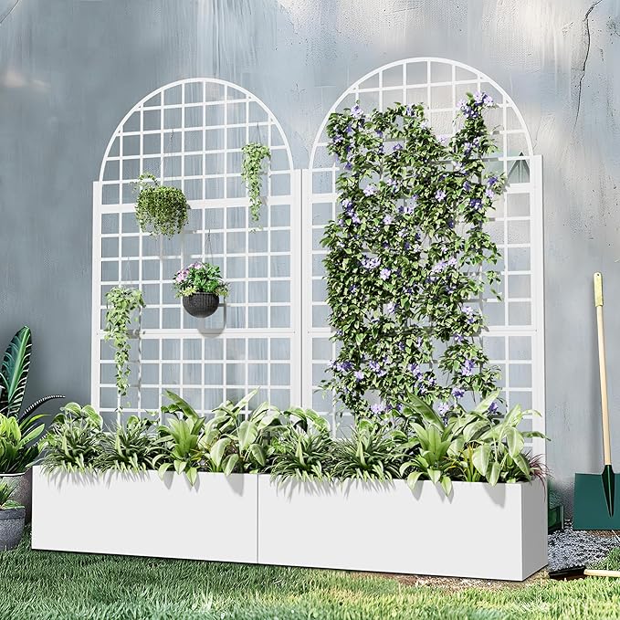 Casaphoria Metal Raised Garden Bed with Trellis and Wheels 72x35x16 Arched Planter Box for Climbing Plants Vegetables &amp Vines Features Drainage Holes and Privacy Screen White-Grid