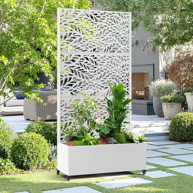 15.7×70.9×35.4 Metal Raised Garden Bed with Trellis and Wheels - Tall Trellis Planter Box for Climbing Plants Vegetables &amp Vines - Outdoor Privacy Planters for Patio (White-Spring)