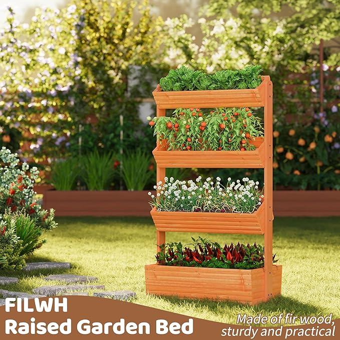 FILWH Wooden Raised Garden Bed Vertical Planter Box Freestanding Plant Stand for Indoor Outdoor Plants Herbs Flowers Vegetables Gardening (Reddish Brown 4-Tier29.9 x 17.9 x 55in)