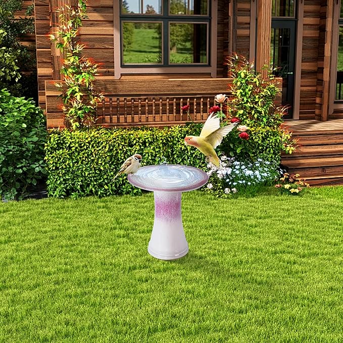 17'' Ceramic Bird Bath for Outside Elegant Tall Outdoor Bird Bath Lightweight Pedestal Glazed Birdbaths for Outdoors with Swirl Pattern Rose Ombre
