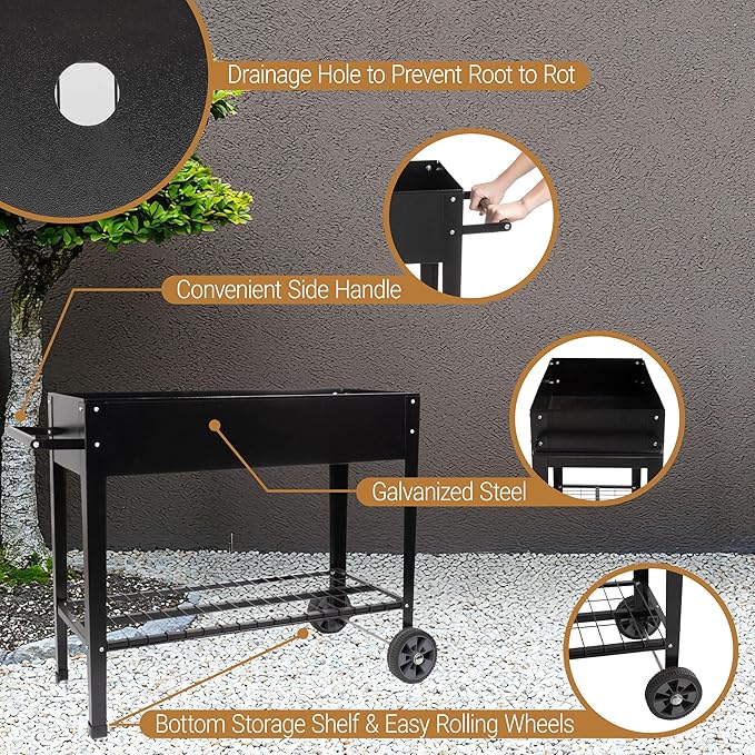 Home-Complete Raised Garden Bed - Planter Box with Storage Shelf for Growing Flowers Vegetables or Herb Garden - Gardening Supplies (Black)