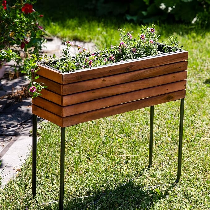 Sunnydaze Slatted Acacia Wood Raised Garden Bed with Legs - Oil-Stained Finish - Powder-Coated Steel Frame - Removable Insert - 23.5-Inch H