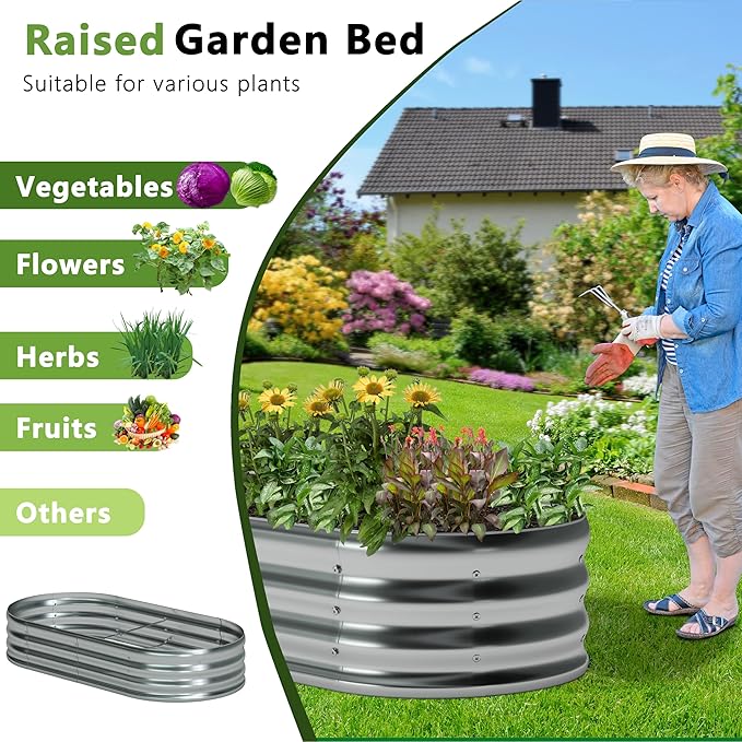 6x3x1ft(2 Pack) Galvanized Oval Raised Garden BedOutdoor Planter Box Metal Patio Kit Planting Bed for Vegetables Flowers HerbSilver
