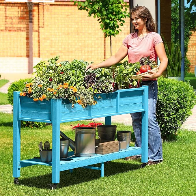 DWVO 47x18x31in Raised Garden Bed HDPE Weather-Resistant Poly Wood Planter Box Stand Planter Box with Legs Storage Shelf &amp Lockable Wheels Elevated Garden Bed for Backyard Patio - Aruba Blue