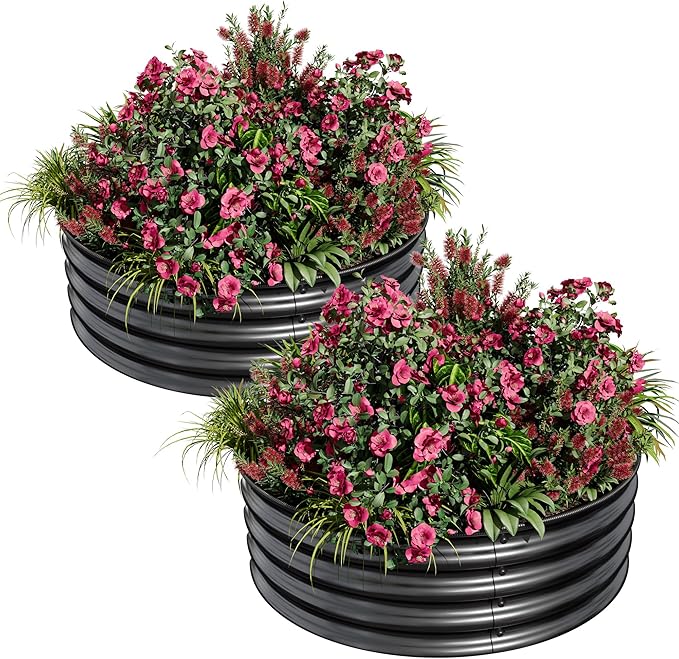 Round Metal Raised Garden Bed Kit 1 PCS 2 x 1FT Galvanized Planter Boxes with Safety Edge – Rustproof Open Bottom Easy Assembly – Ideal for Vegetables Fruits Flowers Silver
