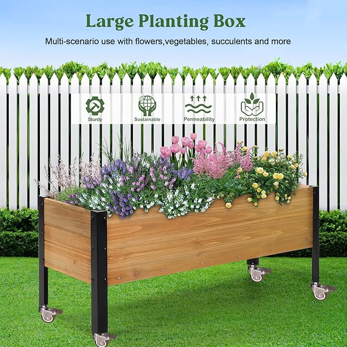 Wood Rectangular Garden Planter Box with Wheel Raised Garden Bed OutdoorPlanters for Outdoor Plants 37 * 13 * 15 Elevated Planter Box for Herbs Vegetables Flowers Outdoor Patio Deck Balcony