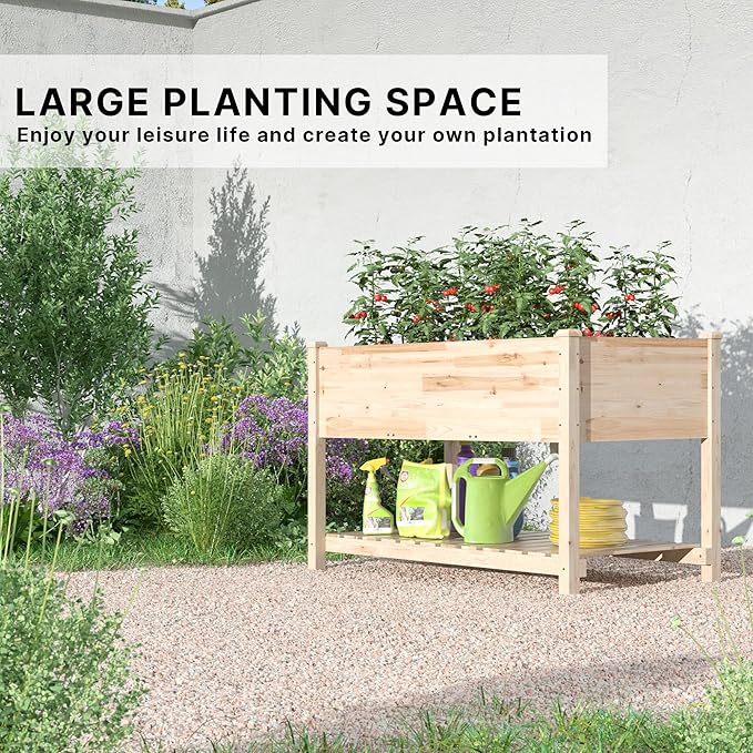 Gotland Raised Garden Bed with Legs Raised Beds for Gardening with Storage Shelf Bed Liner Drainage Holes Wooden Planter Raised Beds Raised Planter Box for Backyard Patio Balcony Natural