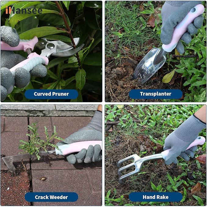 Pink Garden Tool Sets 12 Pieces iHansee Aluminum Gardening Hand Tools with Non-Slip Handle Kneeling Pad Apron Gloves and Organizer Bag Landscaping Tools - Gift for Women &amp Garden Enthusiasts