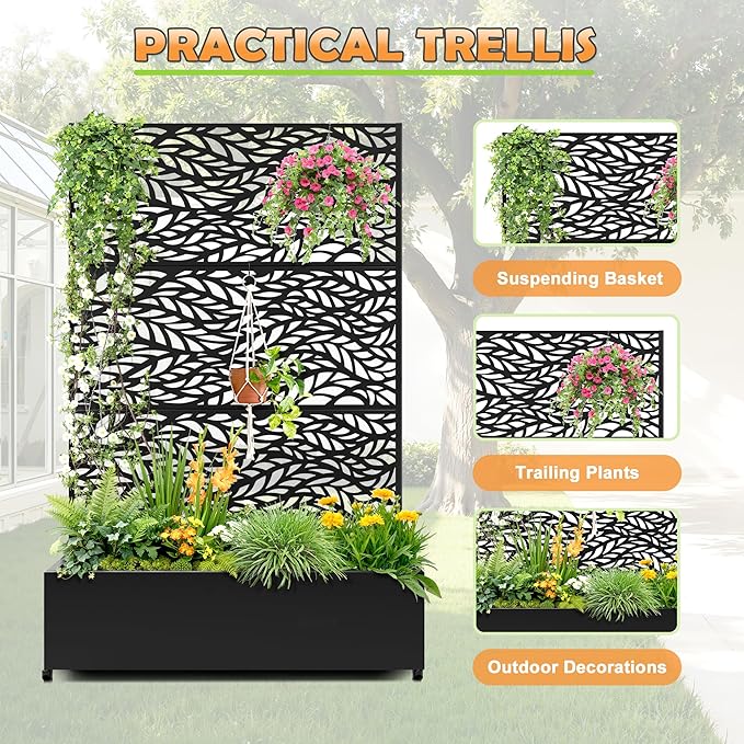 Metal Raised Garden Bed with Trellis 2-in-1 Planter Box &amp Privacy Screen for Climbing Plants Outdoor Standing Flower Bed with Drainage Holes 47.2 L x 16.7 W x 70.8 H Black-Spring