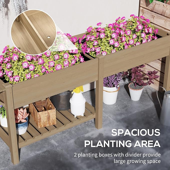 Outsunny Raised Garden Bed Wood Elevated Planter Box with Side Table Bottom Shelf Outdoor Raised Planter with Bed Liners Drainage Holes for Vegetable Flower 81.5 x 23 x 31 in Carbonized Brown