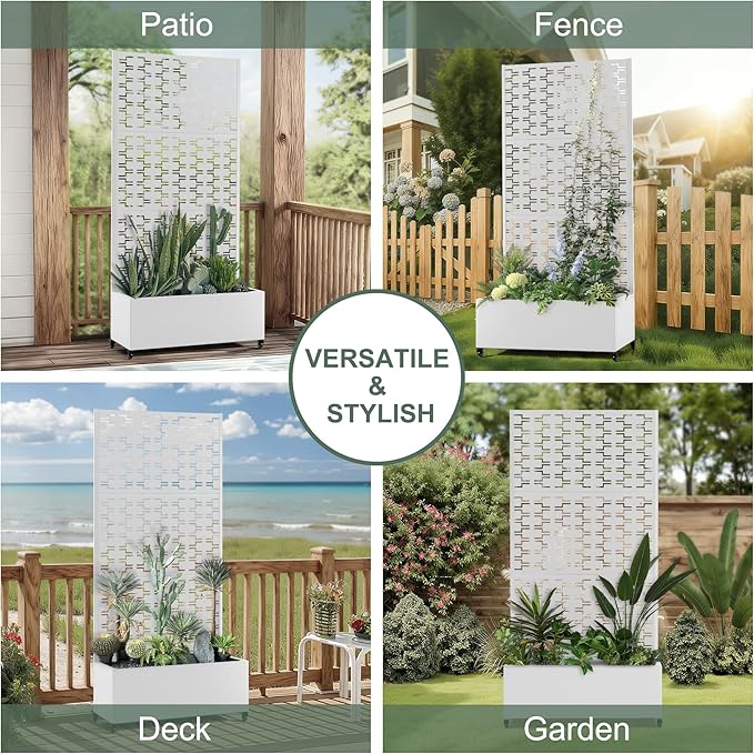 Planter Box with Trellis and Wheels Metal Privacy Screen with Garden Beds Outdoor for Climbing Plants Standing Planter Boxes with Drainage Holes (35 L×16 W×71 H White Rectangle)