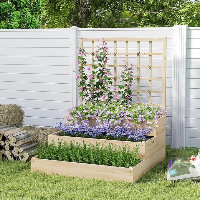 Giantex 3-Tier Raised Garden Bed with Trellis and 3 Planter Boxes Outdoor Open-Ended Wood Raised Bed for Planting and Vines Flowers Vegetables Growing 44x45x56
