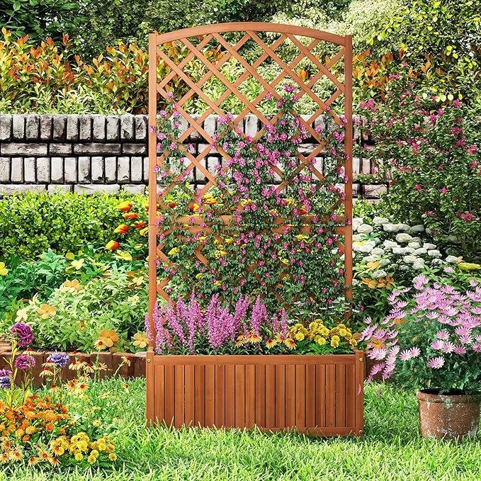 Giantex Solid Acacia Wood Planter Box with Trellis 63 Raised Garden Bed with Trellis Plant Box Slat Base Outdoor Privacy Planter for Vine Climbing Plants Flowers Garden Patio Balcony