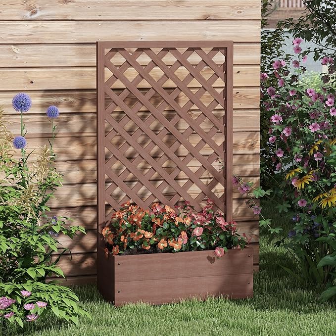 Raised Garden Bed with Trellis Lattice Wood Planter Box with Self Draining Gap Freestanding Trellis Planter for Climbing Plants Vines Flowers 29.5 x 13.25 x 53.25 Light Brown