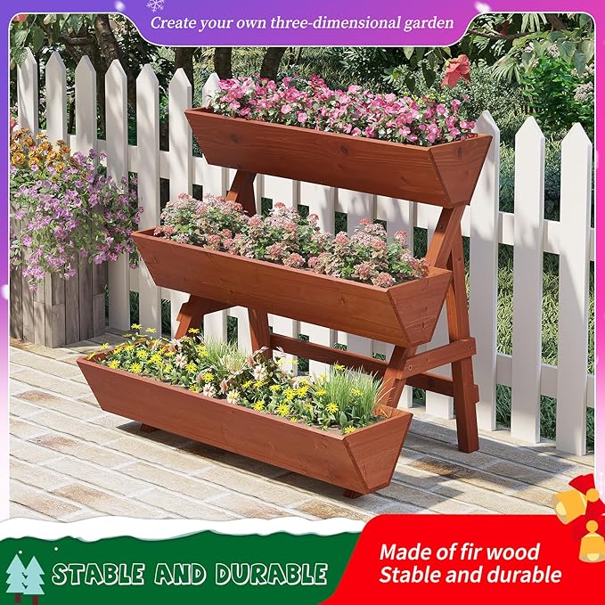 3-Tiers Wooden Raised Garden BedWood Planter Box for VegetableFlower RackFlower Pot StandsIndoor Outdoor Gardening Planting Beds (Brick red Large)
