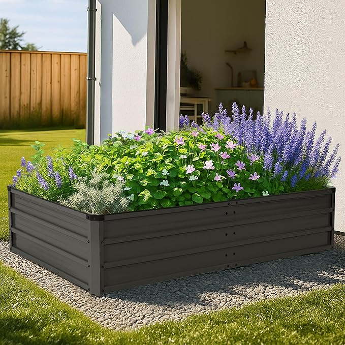 NUU GARDEN 6x3x1ft Rectangular Galvanized Raised Garden Bed for Gardening Elevated Planting Metal Planter Box Outdoor Patio Planting Bed for Vegetables Flowers Herb Dark Gray