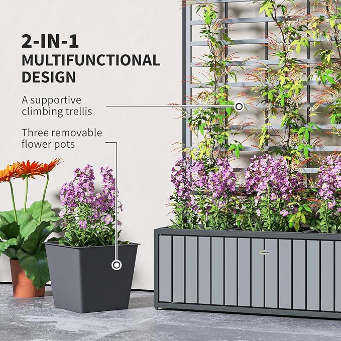 Outsunny Wooden Raised Garden Bed with Trellis Removable Pots Drainage Holes for Climbing Vines Vegetables Flowers Raised Planter Box for Backyard Patio Balcony 29 x 11 x 52 in. Gray