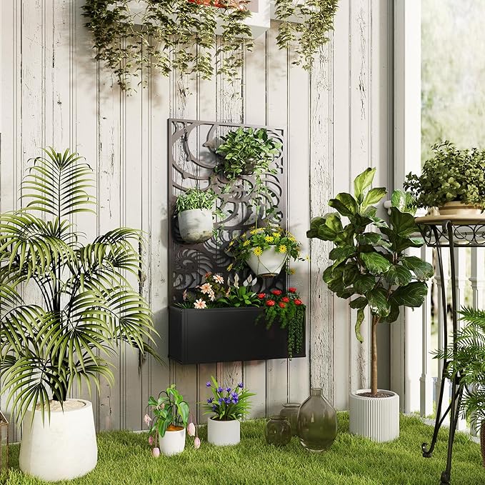 Outsunny Metal Raised Garden Bed with Trellis for Climbing Plants Freestanding or Wall Mounted Flower Bed with Privacy Panel Snail Cut-Outs Outdoor Planter Box for Garden Patio Balcony