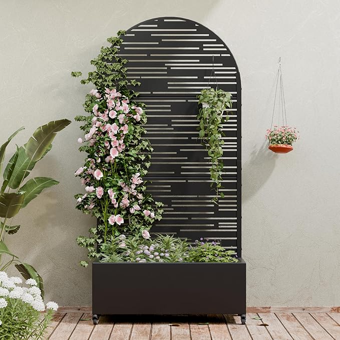 Casaphoria Metal Raised Garden Bed with Trellis and Wheels 72x35x16 Arched Planter Box for Climbing Plants Vegetables &amp Vines Features Drainage Holes and Privacy Screen (Black-Shine)