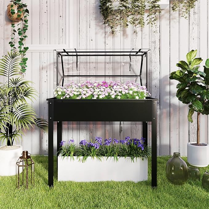Outsunny Raised Garden Bed with Flip-Up Greenhouse Cover Elevated Planter Box with Legs and Drainage Hole for Vegetables Flowers Herbs 39.4 x 18.9 x 48.8 Black