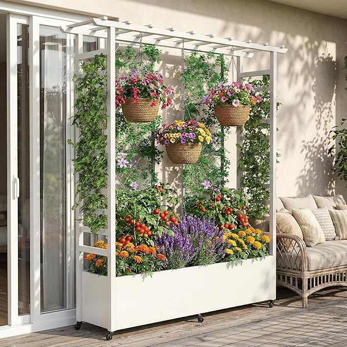 74 Mobile Planter with TrellisWeatherproof Vertical Raise Garden Bed with Trellis &amp Hanging Roof for Climbing PlantsFlowersVegetablesRust-Proof Metal Privacy Planter for Patio (White-B)