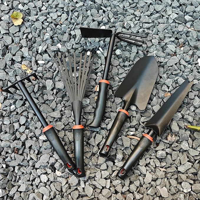 FR 5-Piece Garden Tool Set – Heavy Duty Hand Weeder Kit with Trowel Cultivator &amp Rake – Ergonomic Manual Gardening Tools for Digging Planting &amp Weed Removal in Lawn &amp Flower Beds