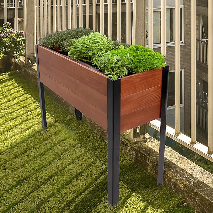 Sunnydaze Acacia Wood Raised Garden Bed with Legs - 31-Inch H - Powder-Coated Steel Frame - Removable Planter Bag - Brown