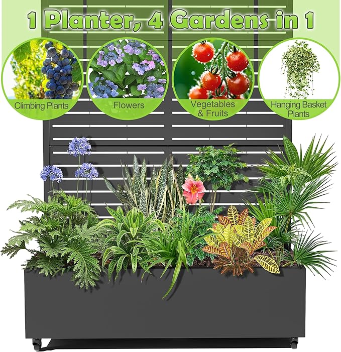 15.7×70.9×47.2 Metal Raised Garden Bed with Trellis and Wheels - Tall Trellis Planter Box for Climbing Plants Vegetables &amp Vines - Outdoor Privacy Planters for Patio (Black-Louvered)
