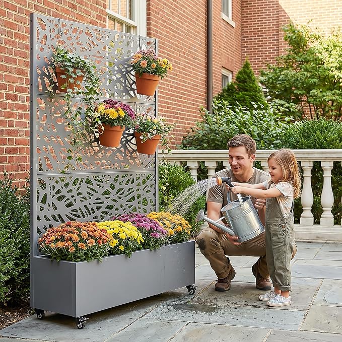 Casaphoria Metal Raised Garden Bed with Trellis and Wheels 72x47x16 Planter Box for Climbing Plants Vegetables &amp Vines Features Drainage Holes and Privacy Screen Grey-Net