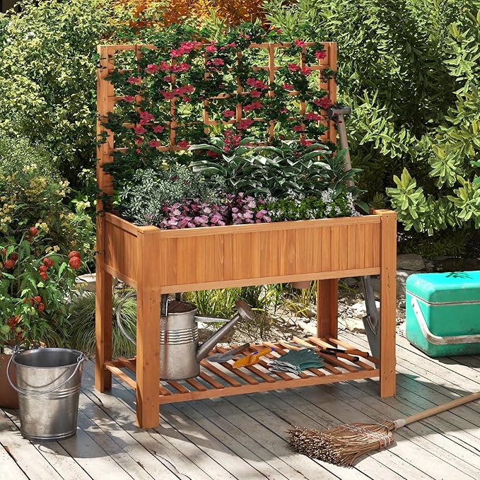 Raised Garden Bed Wooden Elevated Planter with Trellis &amp Storage Shelf All-in-One Planter for Patio Yard Balcony Outdoor Garden Enthusiasts Brown